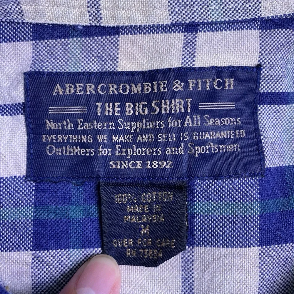 90s Abercrombie Fitch BIG Shirt M Mens L/S Button Down Blue Plaid Grunge VGUC - Picture 5 of 9
